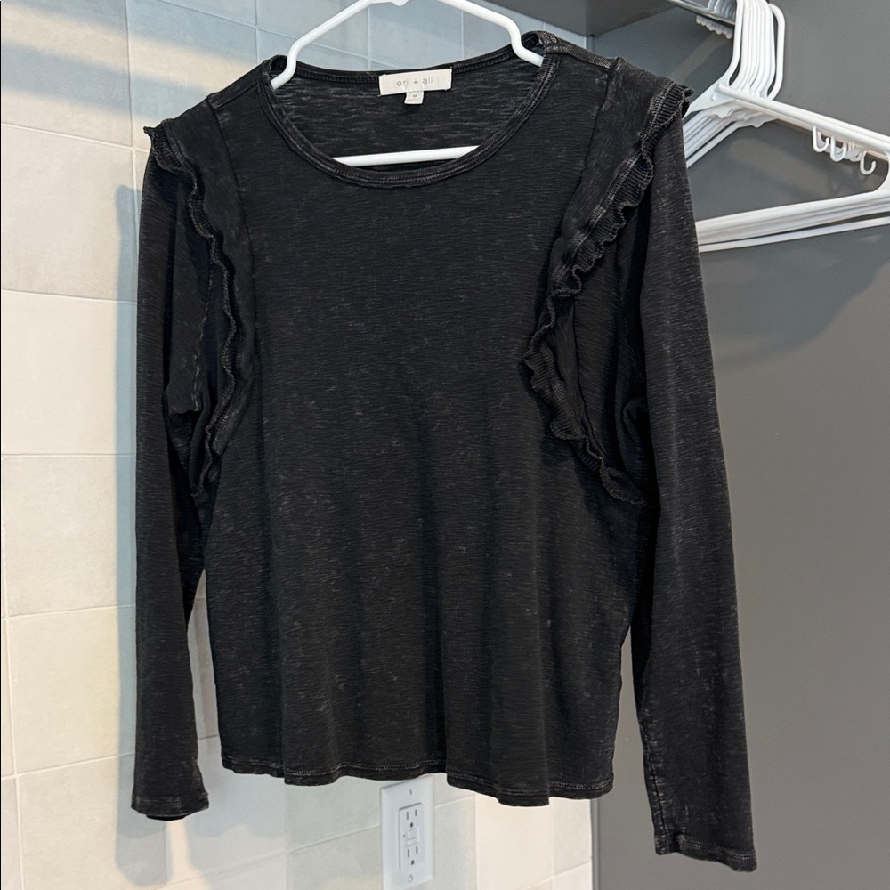 Maeve Black Ruffled Long Sleeve Top